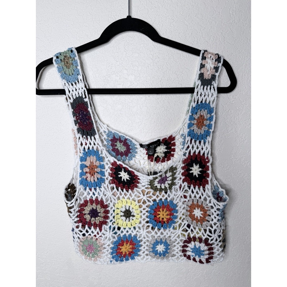 Hand Made Top Womens L Floral Granny Square Crochet Crop Hippie Festival NWT - Picture 8 of 12